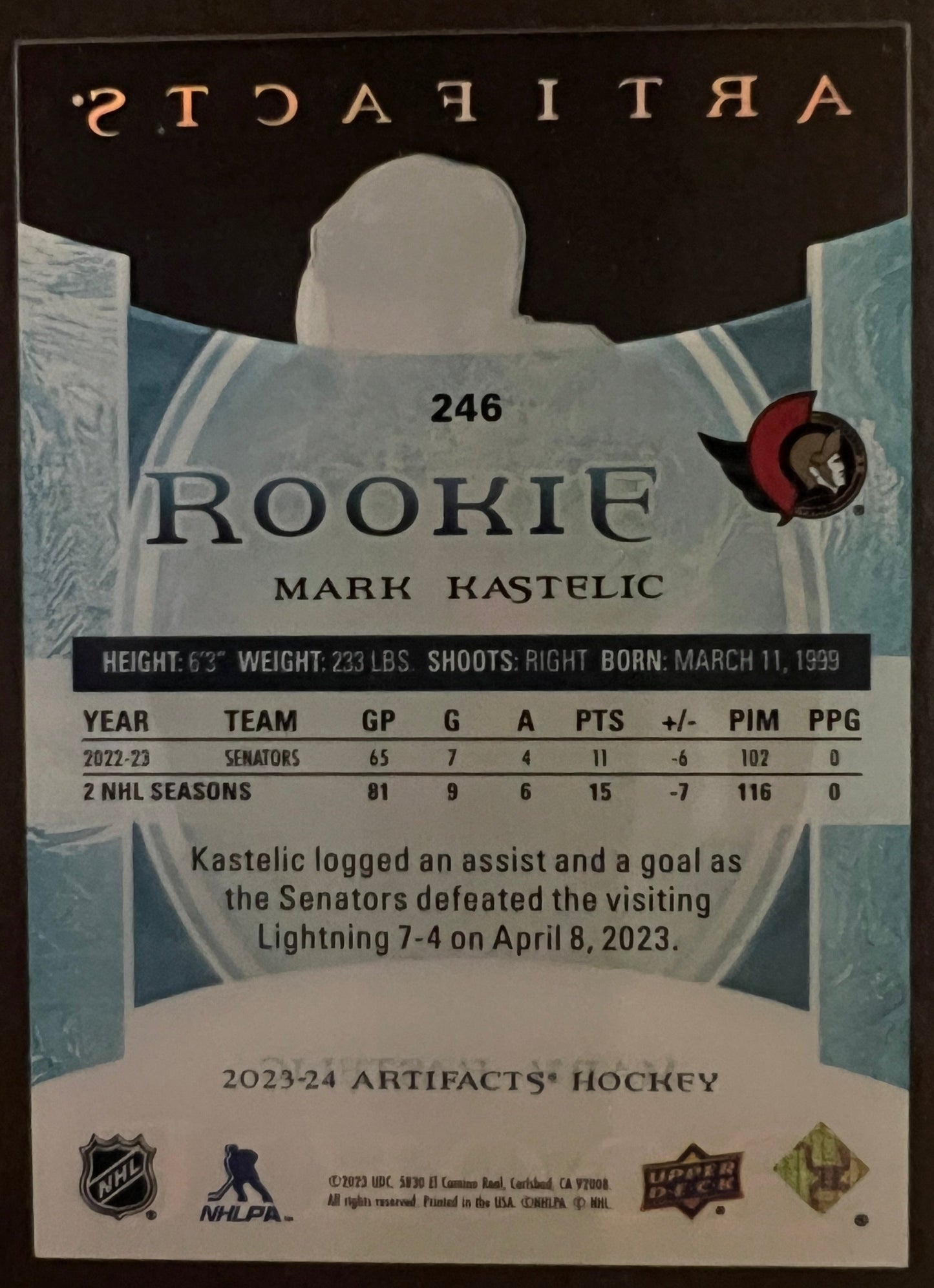 Mark Kastelic Artifacts Rookie Plexi - 2023/24 Artifacts