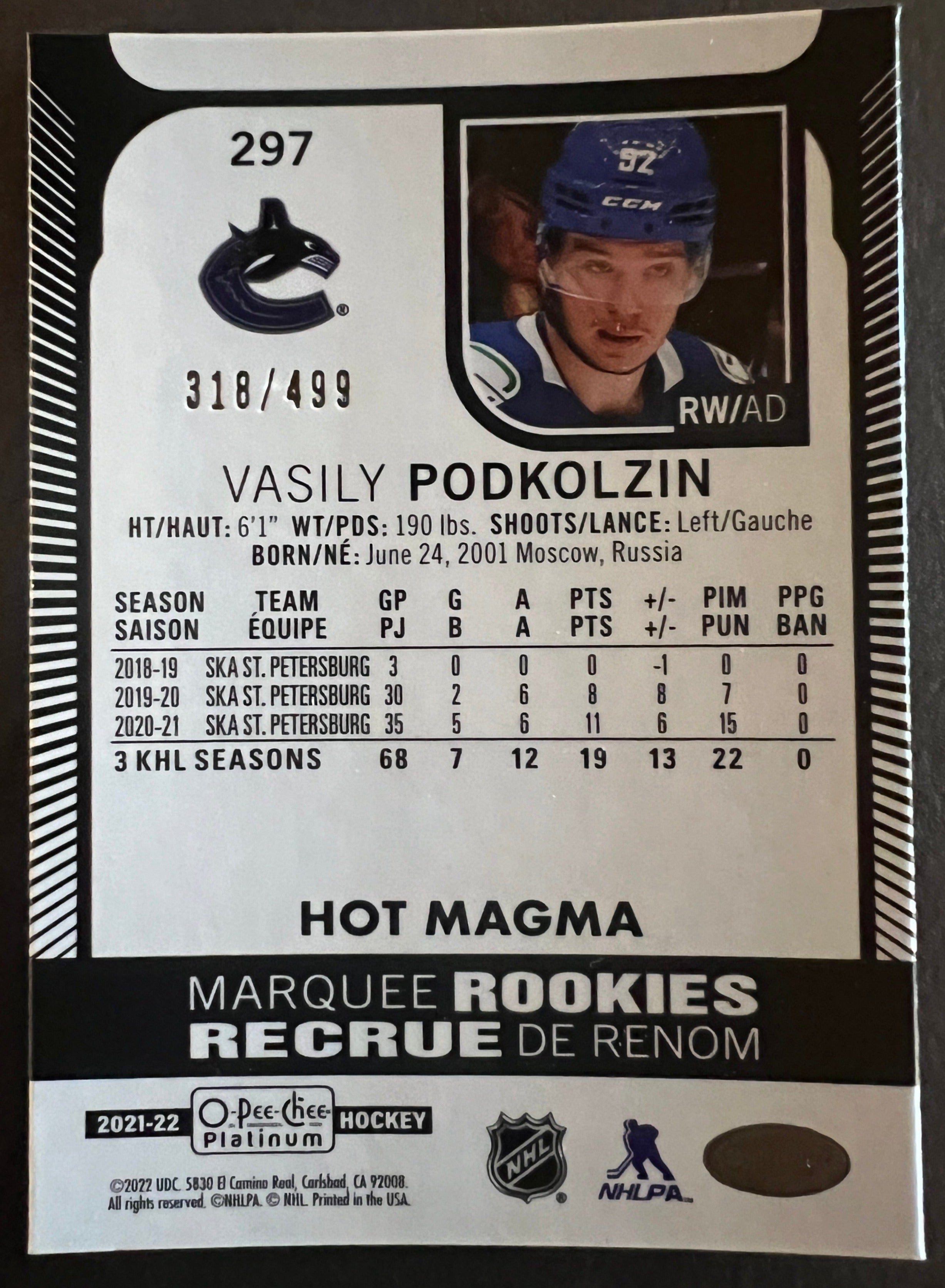 Vasily Podkolzin Marquee Rookies Hot Magma /499 - 2021/22 O-Pee-Chee P ...